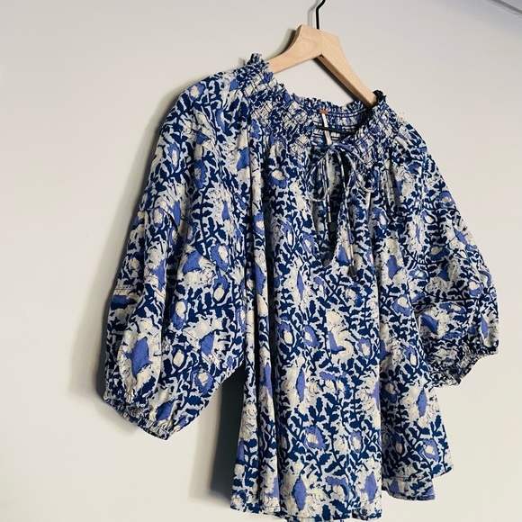 Free People Willow Printed Blouse in Blue Batik Combo - Picture 3 of 15